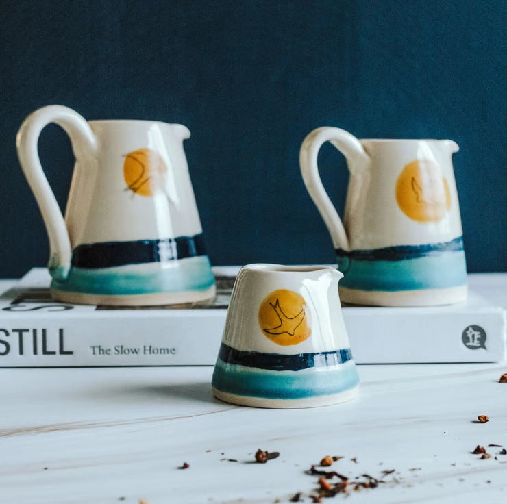 Lorna Gilbert Ceramics handmade ceramic pourer jug in Swift Golden Sun design