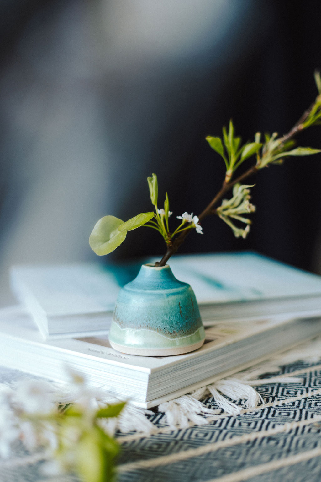 Handmade ceramic bottle bud vase - glazed in sea colours, turquoises and blues