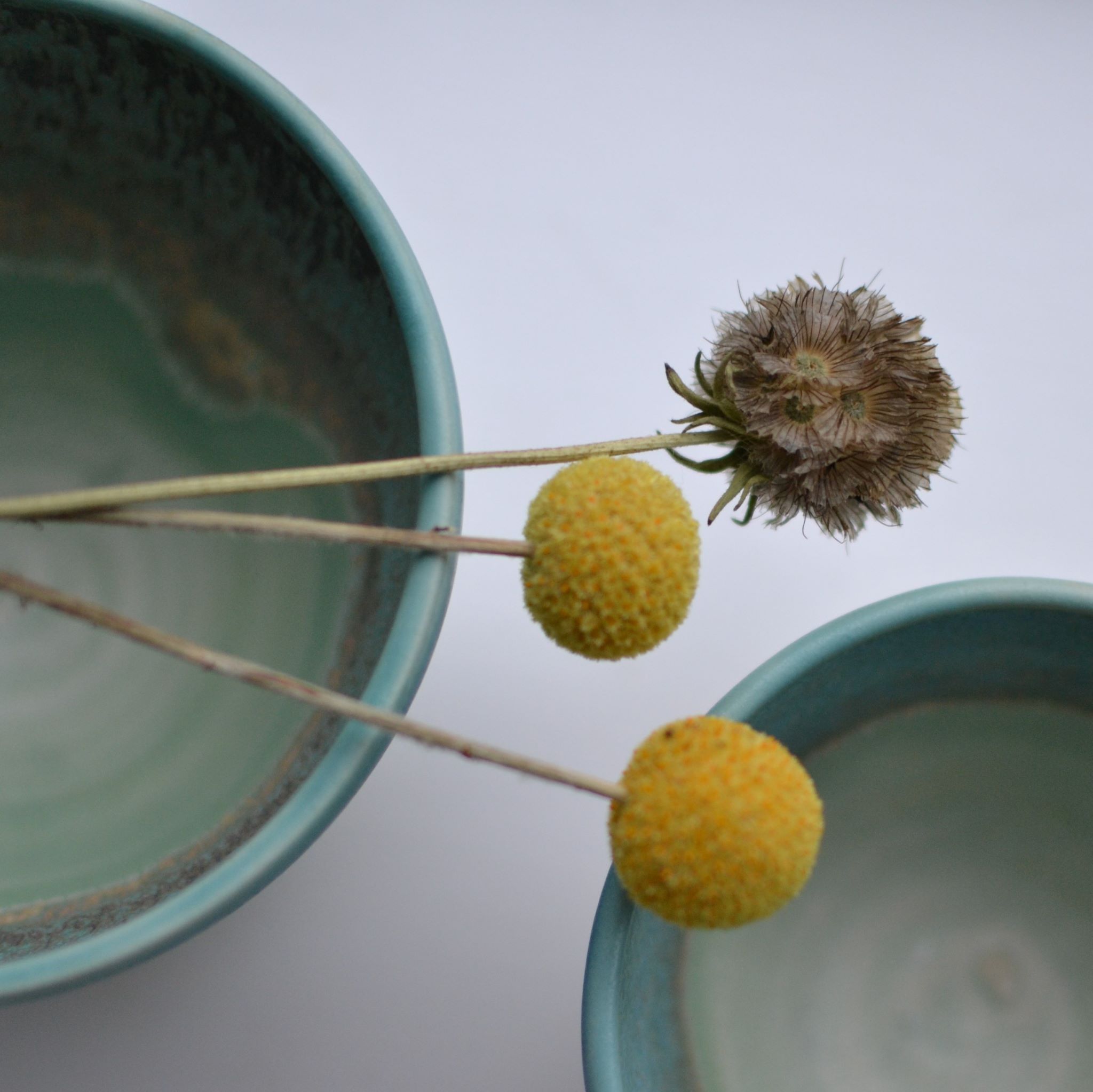 Two turquoise glazed bowls with dried flowers laid across them